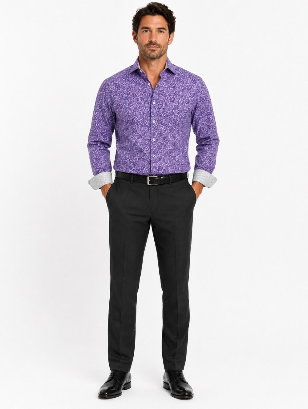 Nick Graham Stretch Modern Fit Purple Floral Button Front Dress Shirt Men's LG